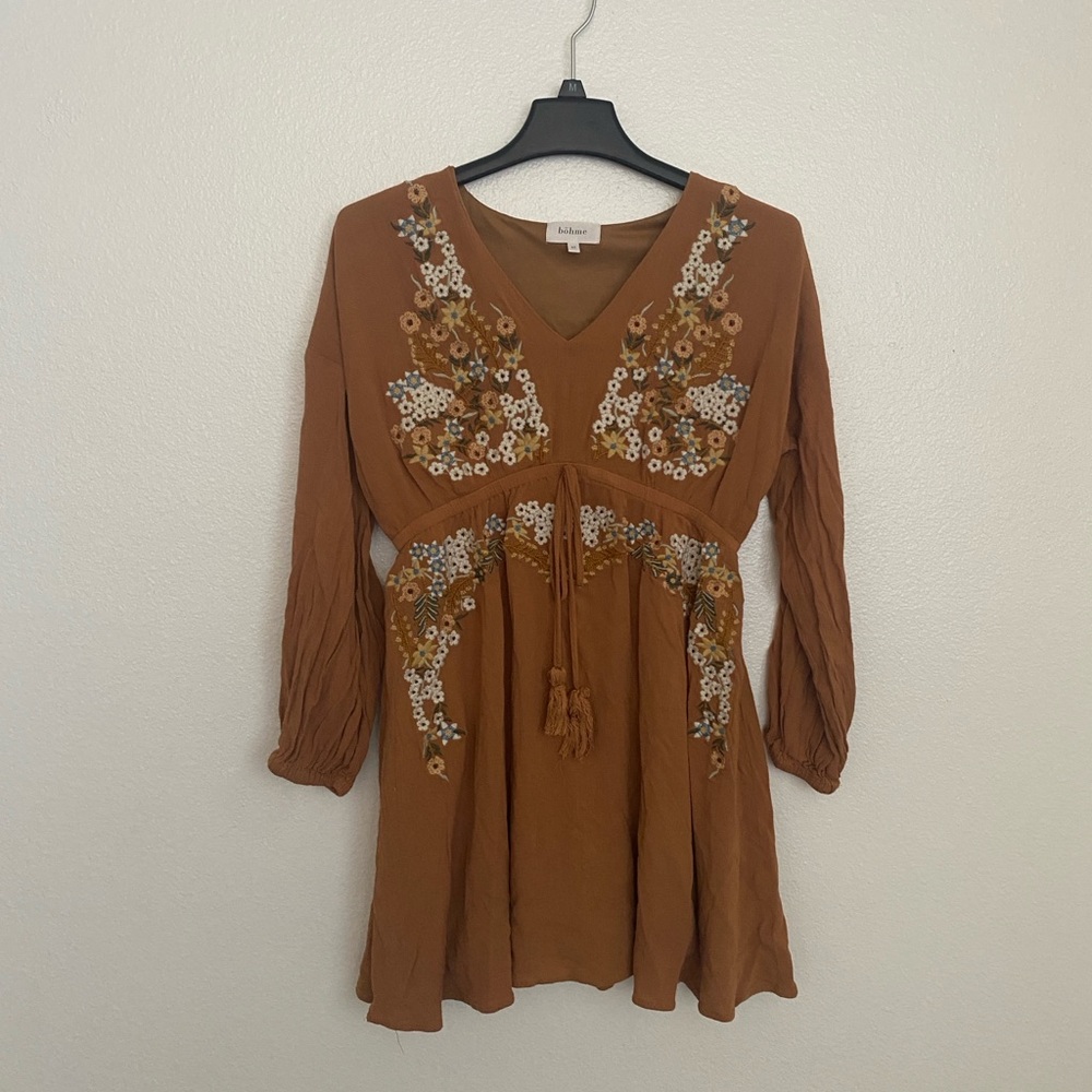 Boheme High Low Dress in Brown with Floral Embroidery